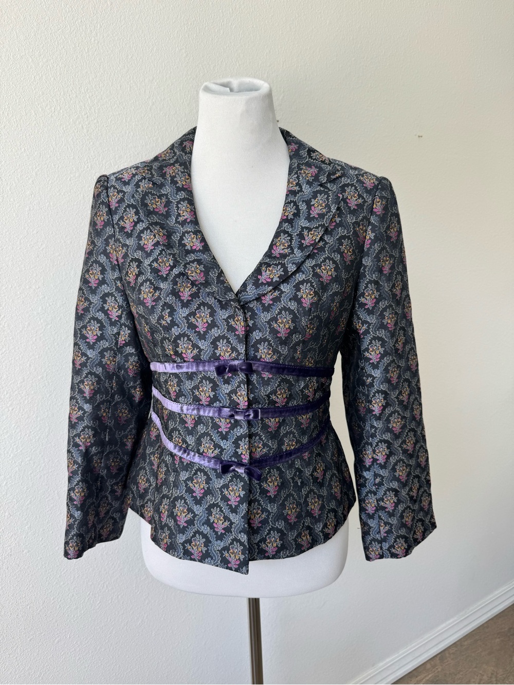 Vintage Nanette Lepore Purple & Black Floral Print Blazer